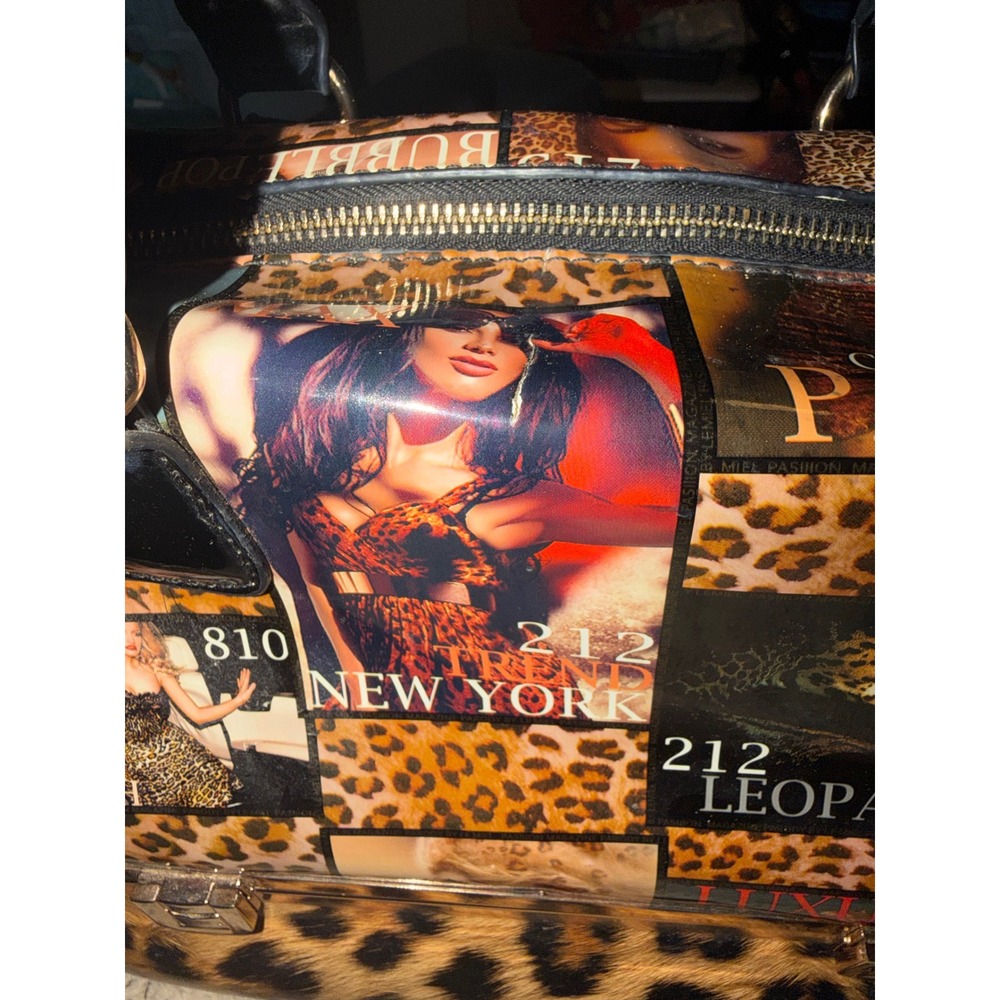 Le Miel Pasiion Leopard Magazine Print Satchel Bag Gold Frame Bottom Compartment - Picture 6 of 16